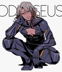 Rule 34 | 1boy, armor, bare pectorals, black armor, bv illust, character name, cleavage cutout, clothing cutout, fate/grand order, fate (series), gloves, hand on own face, kneeling, looking at viewer, male focus, messy hair, multicolored hair, odysseus (fate), pauldrons, pectoral cleavage, pectorals, red hair, short hair, shoulder armor, smile, solo, streaked hair, toned, toned male, white hair, yellow eyes