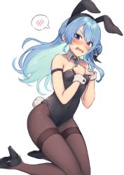 Rule 34 | 1girl, animal ears, aonikuro, armband, bare shoulders, black leotard, blue eyes, blue hair, blush, breasts, covered navel, fake animal ears, fake tail, hairband, high heels, highres, hololive, hoshimachi suisei, leotard, long hair, looking at viewer, open mouth, pantyhose, playboy bunny, rabbit ears, rabbit tail, simple background, small breasts, solo, spoken blush, sweatdrop, tail, virtual youtuber, wavy mouth, white background, wrist cuffs