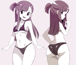 Rule 34 | 1girl, absurdres, abysswatchers, ass, bikini, blush, breasts, cleavage, collarbone, highres, kagari atsuko, little witch academia, long hair, looking at viewer, looking back, medium breasts, multiple views, navel, open mouth, simple background, smile, swimsuit