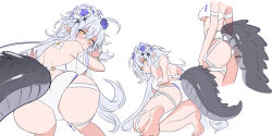 Rule 34 | 1girl, absurdres, ahoge, all fours, arknights, ass, back, barefoot, blush, breasts, closed mouth, crocodilian tail, ddddecade, embarrassed, flower, full body, hair between eyes, hair flower, hair ornament, head wreath, highres, kneeling, large tail, leg ribbon, long hair, looking at viewer, looking back, medium breasts, multiple views, official alternate costume, one-piece swimsuit, parted lips, pointy ears, ribbon, silver hair, simple background, sketch, soles, standing, swimsuit, tail, thigh strap, thighs, tomimi (arknights), tomimi (silent night) (arknights), top-down bottom-up, underboob, white background, white one-piece swimsuit, white ribbon, wrist cuffs, yellow eyes