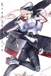 Rule 34 | 10s, 1girl, blonde hair, blue eyes, breasts, commentary request, gloves, graf zeppelin (kancolle), hat, high heels, kantai collection, large breasts, machinery, necktie, pantyhose, shoes, skirt, solo, twintails, untue, water, water drop