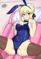 Rule 34 | 1girl, ahoge, air mattress, animal ears, artoria pendragon (all), artoria pendragon (fate), blonde hair, blue bow, blue bowtie, blue hairband, blue leotard, blush, bow, bowtie, breasts, brown thighhighs, cleavage, closed mouth, covered navel, fake animal ears, fate/grand order, fate (series), green eyes, hairband, haruhisky, highres, leotard, lying, medium breasts, on back, pillow, playboy bunny, rabbit ears, saber (fate), sidelocks, soapland, solo, spread legs, thighhighs, thighs, white wrist cuffs, wrist cuffs