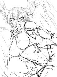 Rule 34 | 1girl, artist request, belt, breasts, curvy, digimon, head wings, highleg, highleg panties, large breasts, looking at viewer, monochrome, monster girl, navel, panties, revealing clothes, scarf, shutumon, simple background, sketch, solo, thong, underwear, white background, wide hips, wings