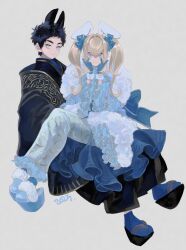 Rule 34 | 2023, 2boys, :3, animal ears, atsushi toushirou, black coat, black hair, blonde hair, blue bow, blue eyes, blue gloves, blue kimono, blue socks, bow, chinese zodiac, closed mouth, coat, commentary, double v, extra ears, frilled kimono, frilled sleeves, frills, frown, full body, fur trim, geta, gloves, grey eyes, hair bow, hands up, highres, invisible chair, japanese clothes, kimono, kyuu (high), long hair, long sleeves, looking at viewer, looking to the side, midare toushirou, multiple boys, platform footwear, rabbit ears, short hair, simple background, sitting, sitting on lap, sitting on person, slippers, smile, socks, symbol-only commentary, tabi, touken ranbu, trap, twintails, v, wide sleeves, year of the rabbit