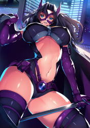 Rule 34 | 1girl, belt, breasts, cape, city, cowboy shot, dc comics, from below, highres, holding, holding cape, holding clothes, huntress (dc), justice league, large breasts, leotard, long hair, parted bangs, purple belt, purple thighhighs, skindentation, solo, standing, thighhighs