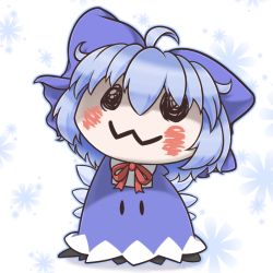 Rule 34 | blue bow, blue dress, blue hair, blush, bow, cirno, cirno (cosplay), cosplay, creatures (company), crossover, dress, full body, game freak, gen 7 pokemon, hair bow, head tilt, ice, ice wings, meme, mimikyu, mofu mofu, nintendo, no humans, pokemon, pokemon (creature), pun, red ribbon, ribbon, snowflake background, solid oval eyes, standing, touhou, wings