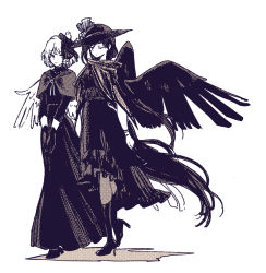 Rule 34 | 2girls, animal, animal on head, bird, bird on head, bird wings, black capelet, black dress, black footwear, black hair, black scarf, black wings, capelet, chick, closed mouth, commentary request, dress, expressionless, closed eyes, full body, greyscale, high heels, hisona (suaritesumi), horse girl, horse tail, kurokoma saki, looking to the side, monochrome, multiple girls, niwatari kutaka, on head, ponytail, scarf, simple background, standing, tail, touhou, white background, white hair, wings