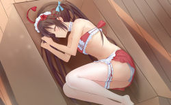 Rule 34 | 1girl, absurdres, ahoge, bare shoulders, blue bow, bow, box, breasts, brown hair, choker, closed eyes, closed mouth, dyed ahoge, female focus, flower, frilled choker, frills, hair between eyes, hair bow, hair flower, hair ornament, hair ribbon, hands up, highres, in box, in container, legs up, long hair, lying, maid headdress, navel, on floor, on side, panties, profile, red flower, red ribbon, ribbon, rose, shinka musume, shinka musume channel, sleeping, small breasts, solo, thighhighs, twintails, underboob, underwear, virtual youtuber, white panties, white thighhighs, xila qian tang shi