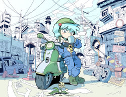 Rule 34 | 1girl, arm support, blue eyes, blue hair, blue jacket, blue pants, boots, crossed legs, cup, daisy, drinking, flower, full body, green footwear, hair bobbles, hair ornament, helmet, highres, jacket, jewelry, kawashiro nitori, key, key necklace, long sleeves, motor vehicle, moyazou (kitaguni moyashi seizoujo), mug, necklace, open clothes, open jacket, pants, petals, phone, pocket, power lines, road sign, scooter, sign, smokestack, solo, standing, strapless, touhou, traffic cone, traffic mirror, tube top, two side up, unzipped, wheel, white flower, zipper, zipper pull tab