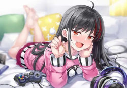 Rule 34 | 1girl, :d, ahoge, black hair, blurry, blurry background, blush, bulbonne, controller, doyagao, ear cleaning, fang, game controller, headphones, jitome, long hair, long sleeves, looking at viewer, lying, mimikaki, multicolored hair, nail polish, on bed, on stomach, open mouth, original, pillow, pink nails, pink shirt, red eyes, shirt, skirt, smile, smug, streaked hair