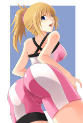 Rule 34 | 10s, 1girl, ass, back, bare shoulders, bike shorts, blue eyes, breasts, brown hair, cameltoe, covered erect nipples, female focus, from behind, from below, gundam, gundam build fighters, gundam build fighters try, highres, hoshino fumina, huge ass, long hair, looking at viewer, looking back, looking down, open mouth, ponytail, scrunchie, shiny clothes, shiny skin, sideboob, smile, solo, sports bra, standing, tank top, thigh strap, tongue, yamada (fanfantaisa)