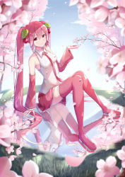 Rule 34 | 1girl, absurdres, blush, boots, breasts, cherry blossoms, cherry hair ornament, closed mouth, collared shirt, detached sleeves, flower, food-themed hair ornament, hair between eyes, hair ornament, hatsune miku, highres, long hair, long sleeves, miniskirt, necktie, okome (okome 0627ha), pink footwear, pink hair, pink necktie, pink skirt, pink sleeves, pleated skirt, red eyes, reflection, sakura miku, shirt, sitting, skirt, sleeveless, sleeveless shirt, small breasts, smile, solo, spring (season), thigh boots, thighhighs, twintails, very long hair, vocaloid, white flower, white shirt, wing collar, zettai ryouiki