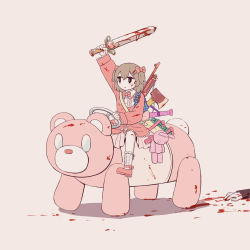 Rule 34 | 1girl, 1other, absurdres, arm up, avogado6, axe, baseball bat, bear hair ornament, beige background, black eyes, blood, blood in hair, blood on clothes, blood on face, blood on ground, blood on hands, blood on leg, blood splatter, bloody weapon, bow, bowtie, collared shirt, corpse, dress, explosive, expressionless, frilled legwear, frilled shirt, frilled shirt collar, frills, full body, grenade, gun, gun on back, gun sling, hair bow, hair ornament, hairclip, heart, highres, holstered, layered dress, no sclera, original, pink bow, pink dress, pink footwear, pink neckwear, pleated dress, pump action, remington 870, riding bear, shadow, shirt, short twintails, shotgun, shoulder strap, simple background, socks, solo focus, steering wheel, stuffed animal, stuffed rabbit, stuffed toy, sword, teddy bear, toy gun, toy sword, twintails, weapon, weapon on back, white shirt