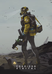 Rule 34 | 1other, absurdres, bag, bird, black gloves, boots, commentary, english commentary, faiz azhar, gas mask, gloves, grey sky, gun, headlamp, helmet, highres, holding, holding gun, holding weapon, jacket, looking at viewer, looking back, mask, original, outdoors, pants, skull, sky, solo, standing, weapon