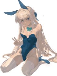 Rule 34 | 1girl, animal ears, arm support, armpit crease, b zhan cm yang, bare shoulders, blonde hair, blue archive, blue bow, blue bowtie, blue eyes, blue footwear, blue leotard, blunt bangs, bow, bowtie, braid, breasts, covered navel, detached collar, fake animal ears, full body, half updo, high heels, highleg, highleg leotard, highres, leotard, long hair, looking at viewer, open mouth, oversized breast cup, playboy bunny, rabbit ears, sidelocks, simple background, sitting, solo, strapless, strapless leotard, thighhighs, thighs, toki (blue archive), toki (bunny) (blue archive), very long hair, wariza, white background, white thighhighs, wrist cuffs