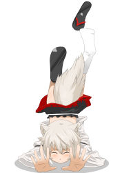 Rule 34 | 1girl, animal ears, bad id, bad pixiv id, closed eyes, faceplant, female focus, geta, highres, inubashiri momiji, no panties, sandals, shoe loss, shoes, unworn shoes, short hair, silver hair, single shoe, socks, solo, tail, touhou, tripping, wk (low-f), wolf ears, wolf tail