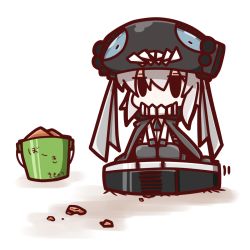 Rule 34 | 10s, 1girl, abyssal ship, black eyes, bucket, chibi, highres, jitome, kantai collection, nuu (nu-nyu), riding, robotic vacuum cleaner, short hair, silver hair, simple background, sitting, solo, translation request, white background, wo-class aircraft carrier