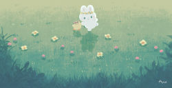 Rule 34 | animal focus, ayu (mog), bird, rabbit, chick, closed mouth, flower, grass, head wreath, looking at viewer, no humans, original, smile