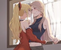 Rule 34 | 2girls, black bow, blonde hair, blush, bow, breasts, brown hair, choker, cleavage, collarbone, couple, dress, earrings, gem, granblue fantasy, grey pants, grey shirt, hair bow, hair ornament, high ponytail, jewelry, katalina (granblue fantasy), lace, lace choker, long hair, looking at another, medium breasts, miso-ha (ukyuu), multiple girls, pants, ponytail, red bow, red eyes, red gemstone, red sleeves, shirt, smile, straight hair, strapless, strapless dress, two-tone bow, vira (granblue fantasy), yuri