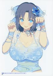 Rule 34 | 10s, 1girl, absurdres, blue eyes, blue hair, blue theme, bow, breasts, choker, flower, full body, hair bow, hair flower, hair ornament, highres, large breasts, official art, open mouth, page number, paw pose, scan, see-through, senran kagura, simple background, solo, wet, wet clothes, white background, yaegashi nan, yumi (senran kagura)