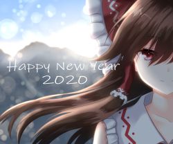 Rule 34 | 1girl, 2020, blurry, blurry background, bow, brown hair, closed mouth, collarbone, floating hair, frilled bow, frilled hair tubes, frills, hair between eyes, hair bow, hair tubes, hakurei reimu, happy new year, highres, long hair, looking at viewer, new year, portrait, print bow, red bow, red eyes, shiranui (wasuresateraito), smile, solo, touhou