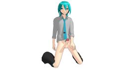 Rule 34 | 1boy, aqua eyes, aqua hair, blue hair, bottomless, erection, full body, green eyes, green hair, hatsune mikuo, highres, kneeling, male focus, matching hair/eyes, mikuo, necktie, penis, simple background, solo, uncensored, vocaloid