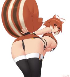 Rule 34 | 1girl, animal ears, antenna hair, ass, bare shoulders, black panties, black thighhighs, blazblue, blush, breasts, brown hair, come hither, curvy, eyes visible through hair, fingerless gloves, from behind, gloves, hand on own ass, kuroonehalf, large breasts, leaning, leaning forward, looking at viewer, looking back, makoto nanaya, microskirt, miniskirt, naughty face, panties, pantyshot, red eyes, shiny skin, short hair, simple background, skirt, smile, solo, squirrel ears, squirrel tail, tail, thighhighs, underboob, underwear, upskirt, white background