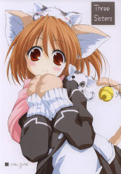 Rule 34 | 1girl, :3, = =, animal ears, animal hands, bell, blush, blush stickers, cat, cat ears, cat tail, coat, fur, highres, jingle bell, non-web source, object on head, orange hair, red eyes, scan, short hair, smile, solo, tail, tail bell, tail ornament, wakatsuki sana