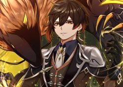 Rule 34 | 1boy, absurdres, bad id, bad pixiv id, black gloves, black hair, brown hair, claws, dragon, dragon horns, earrings, eastern dragon, formal, genshin impact, gloves, hair between eyes, highres, horns, jacket, jewelry, long hair, long sleeves, looking at viewer, male focus, multicolored hair, open mouth, ponytail, rvve, scales, single earring, suit, whiskers, yellow eyes, zhongli (genshin impact)