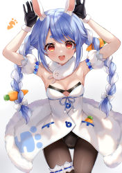 Rule 34 | 1girl, :d, absurdres, animal ear fluff, animal ears, arm cuffs, armpits, arms up, black gloves, black pantyhose, blue hair, blush, braid, breasts, bridal garter, carrot hair ornament, cleavage, commentary, commentary request, don-chan (usada pekora), dress, food-themed hair ornament, fur-trimmed dress, fur-trimmed gloves, fur scarf, fur trim, gloves, gradient background, grey background, hair ornament, highres, hololive, long braid, long hair, looking at viewer, medium breasts, multicolored hair, open mouth, pantyhose, parum39, rabbit-shaped pupils, rabbit ears, red eyes, smile, solo, symbol-only commentary, symbol-shaped pupils, teeth, thick eyebrows, thigh gap, twin braids, two-tone hair, upper teeth only, usada pekora, usada pekora (1st costume), virtual youtuber, white background, white dress, white hair