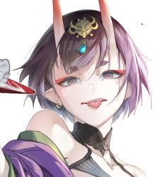 Rule 34 | 1girl, absurdres, alcohol, bare shoulders, black eyes, collarbone, cropped, cup, earrings, eyeshadow, fate/grand order, fate (series), highres, horns, jewelry, joehongtee, makeup, portrait, purple hair, red eyeshadow, red pupils, sakazuki, sake, short eyebrows, short hair, shuten douji (fate), simple background, single earring, skin-covered horns, solo, teeth, tongue, tongue out, upper body, upper teeth only, white background