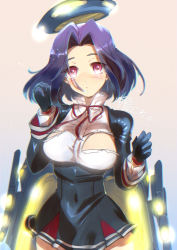 Rule 34 | 10s, 1girl, blush, breasts, gloves, halo, kantai collection, looking at viewer, mecha musume, mechanical halo, open mouth, personification, purple hair, red eyes, school uniform, short hair, skirt, solo, tatsuta (kancolle), torn clothes, yanyo (ogino atsuki)