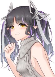 Rule 34 | 1girl, :3, aran sweater, backless dress, backless outfit, black hair, blush, body blush, bow, breasts, cable knit, closed mouth, commentary request, demon girl, demon horns, dress, grey sweater, hair bow, highres, horns, kojo anna, kojo anna (3rd costume), long hair, looking at viewer, medium breasts, meme attire, multicolored hair, nanashi inc., official alternate costume, pointy ears, purple hair, ribbed sweater, robou no stone, shiny skin, sideboob, simple background, smile, solo, sugar lyric, sweater, sweater dress, turtleneck, turtleneck sweater, two-tone hair, two side up, upper body, virgin killer sweater, virtual youtuber, white background, white bow, yellow eyes