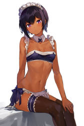 Rule 34 | 1girl, bandeau, bare arms, bare shoulders, black hair, black thighhighs, blush, bra, breasts, bridal garter, collarbone, commentary request, dark-skinned female, dark skin, feet out of frame, frilled thighhighs, frills, hair between eyes, head tilt, highres, konbu wakame, maid, maid headdress, midriff, mole, mole on breast, mole under eye, navel, original, purple eyes, short hair, simple background, sitting, small breasts, solo, stomach, thighhighs, thighs, underwear, white background