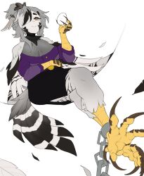 Rule 34 | 1girl, animal hands, bird legs, bird tail, black skirt, braid, chain, claws, commentary, cuffs, egg, english commentary, eyepatch, feathered wings, grey feathers, grey wings, hair over one eye, hair up, harpy, highres, holding, holding egg, low neckline, medical eyepatch, monster girl, orange eyes, original, purple shirt, scales, shackles, shirt, side slit, simple background, skirt, smile, solo, tail, talons, topopopokoko, white background, wings