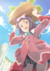 Rule 34 | 1girl, :d, arms up, blue flower, blue sky, blush, bow, box, braid, cloud, coat, collar, commentary request, day, fang, farmer (frederica), flower, frederica (game), from below, hair bow, hairband, highres, holding, holding box, long hair, looking at viewer, mukai, open mouth, outdoors, pocket, purple eyes, purple hair, red coat, skin fang, sky, smile, solo, white bow, white collar, white hairband, wooden box