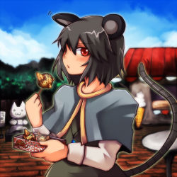 Rule 34 | 1990s (style), animal ears, crossover, emon-yu, final fantasy, final fantasy vi, food, grey hair, jewelry, mouse ears, mouse tail, nazrin, ultros, pendant, red eyes, retro artstyle, short hair, solo, tail, takoyaki, touhou