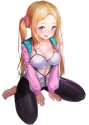 Rule 34 | 1girl, adella (some some convenience store), barefoot, bikini, bikini top only, black leggings, blonde hair, blush, breasts, hair ornament, hair scrunchie, highres, jacket, large breasts, leggings, long hair, long sleeves, looking at viewer, multicolored hair, navel, open clothes, open jacket, open mouth, pink jacket, pink scrunchie, purple eyes, scrunchie, simple background, sitting, solo, some some convenience store, streaked hair, sweat, swimsuit, taena, unzipped, very long hair, wariza, white background, white bikini, zipper, zipper pull tab