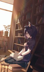 Rule 34 | 1girl, animal ears, black pants, book, book on lap, book stack, bookshelf, borrowed character, brown shirt, cat ears, closed eyes, closed mouth, commentary, commission, english commentary, facial mark, final fantasy, final fantasy xiv, full body, glasses, highres, indoors, jacket, jl tan, ladder, light particles, light rays, open mouth, original, pants, plant, potted plant, profile, purple hair, purple jacket, shirt, short hair, short sleeves, sitting, solo, sunbeam, sunlight, wariza, warrior of light (ff14), whisker markings, window