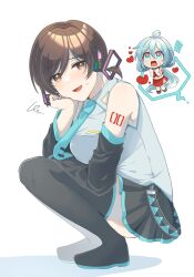 Rule 34 | !, !!, 2girls, ahoge, alternate hairstyle, aqua eyes, aqua hair, aqua necktie, blush, boots, breasts, brown eyes, brown footwear, brown hair, chibi, cosplay, costume switch, from side, hair between eyes, hairstyle switch, hatsune miku, hatsune miku (cosplay), heart, large breasts, long hair, looking at viewer, low ponytail, low twintails, meiko (vocaloid), meiko (vocaloid) (cosplay), misogi ria, multiple girls, necktie, open mouth, pleated skirt, raised eyebrow, shirt, short hair, skirt, sleeveless, sleeveless shirt, spoken heart, squatting, sweatdrop, thigh boots, twintails, very long hair, vocaloid, white background