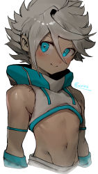 Rule 34 | 1boy, absurdres, bare shoulders, blue eyes, blush, character name, closed mouth, euros (niwarhythm), grey hair, hair between eyes, highres, looking at viewer, male focus, niwarhythm, original, short hair, simple background, smile, solo, upper body, white background