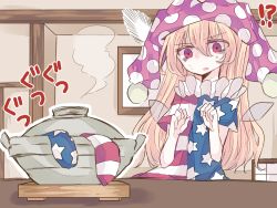 Rule 34 | !?, 1girl, american flag dress, american flag legwear, blonde hair, clownpiece, collar, commentary request, cooking, fairy wings, frilled collar, frilled shirt collar, frills, hat, jester cap, long hair, nagi (nagito), pantyhose, polka dot, pot, red eyes, solo, touhou, wings