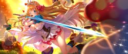 Rule 34 | 1girl, absurdres, ahoge, blue eyes, blue socks, blurry, blurry background, blurry foreground, blush, boots, breasts, cleavage, clip studio paint (medium), commentary request, depth of field, food, frills, glowing, hair ribbon, highres, holding, holding food, holding sword, holding weapon, large breasts, long hair, looking at viewer, mushroom, one eye closed, orange hair, outdoors, pecorine (princess connect!), pleated skirt, princess connect!, puffy short sleeves, puffy sleeves, red ribbon, red skirt, ribbed legwear, ribbon, short sleeves, shrug (clothing), skirt, socks, solo, sparkle, sword, swordsouls, tiara, very long hair, weapon, white footwear