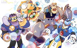 Rule 34 | 4boys, bubble, burst man, cable, closed eyes, cloud man, covered mouth, floating, freeze man, green eyes, helmet, highres, junk man, male focus, mega man (classic), mega man (series), mega man 7, multiple boys, robot, simple background, tsuchibori, white background