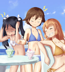 Rule 34 | 3girls, bad id, bad pixiv id, bikini, black hair, brain freeze, brown hair, charlotte e. yeager, closed eyes, food, francesca lucchini, grin, long hair, miyafuji yoshika, multiple girls, open mouth, orange hair, pensuke, shaved ice, short hair, smile, spoon, strike witches, swimsuit, table, tears, twintails, world witches series