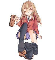 Rule 34 | 1girl, aisaka taiga, angry, bare legs, black thighhighs, blush, chaosexceed, commentary, english commentary, feet, highres, holding shoe, long hair, mixed-language commentary, no shoes, open mouth, paid reward available, pleated skirt, school uniform, see-through, see-through legwear, shoes, simple background, sitting, skirt, soles, thighhighs, toenails, toes, toradora!, tsundere, unworn shoes, v-shaped eyebrows, white background