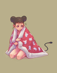 Rule 34 | ^^^, animal ears, brown hair, cable, double bun, electric plug, futon, hair bun, mouse (animal), mouse ears, new year, simple background, solo, weno