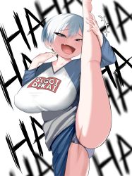 Rule 34 | 1girl, blue eyes, blush, bob cut, boots, breasts, collarbone, fang, highres, large breasts, looking at viewer, miniskirt, open mouth, short hair, silver hair, simple background, skirt, smile, solo, split, standing, standing on one leg, standing split, tuna (esmn345), two-tone shirt, uzaki-chan wa asobitai!, uzaki hana, v, white background