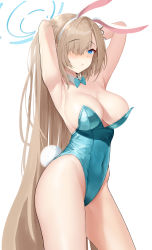 Rule 34 | 1girl, absurdres, animal ears, aqua bow, aqua bowtie, aqua leotard, armpits, arms behind head, asuna (blue archive), asuna (bunny) (blue archive), bare arms, bare shoulders, blue archive, blue eyes, blush, bow, bowtie, breasts, brown hair, chinese commentary, cleavage, closed mouth, collarbone, covered navel, cowboy shot, detached collar, dot nose, fake animal ears, fake tail, forehead, gloves, hair over one eye, halo, highleg, highleg leotard, highres, large breasts, legs apart, leotard, long hair, mole, mole above mouth, no bra, official alternate costume, parted bangs, playboy bunny, rabbit tail, shadow, shiny clothes, simple background, solo, strapless, strapless leotard, tail, very long hair, white background, white gloves, zim-o (2cy520)