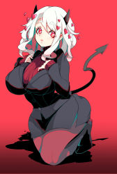 Rule 34 | 1girl, black horns, black jacket, black suit, black tail, blush, breasts, business suit, closed mouth, curly hair, demon girl, demon horns, demon tail, formal, full body, geb3d1liqqoqlxn, heart, heart-shaped pupils, helltaker, highres, horns, huge breasts, jacket, kneeling, large breasts, looking at viewer, medium hair, modeus (helltaker), pantyhose, red background, red eyes, red pantyhose, red sweater, ribbed shirt, shirt, short hair, simple background, solo, suit, sweater, symbol-shaped pupils, tail, tail raised, turtleneck, white hair